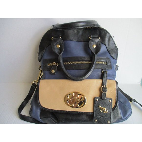 *Emma Fox Blue Tan Tote Color Block Leather Fold Over Floral Lining - Picture 1 of 12
